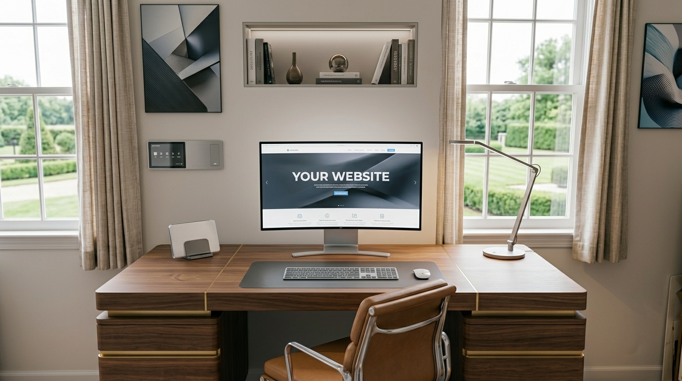 A modern home office with a clean widescreen monitor showing a redesigned website
