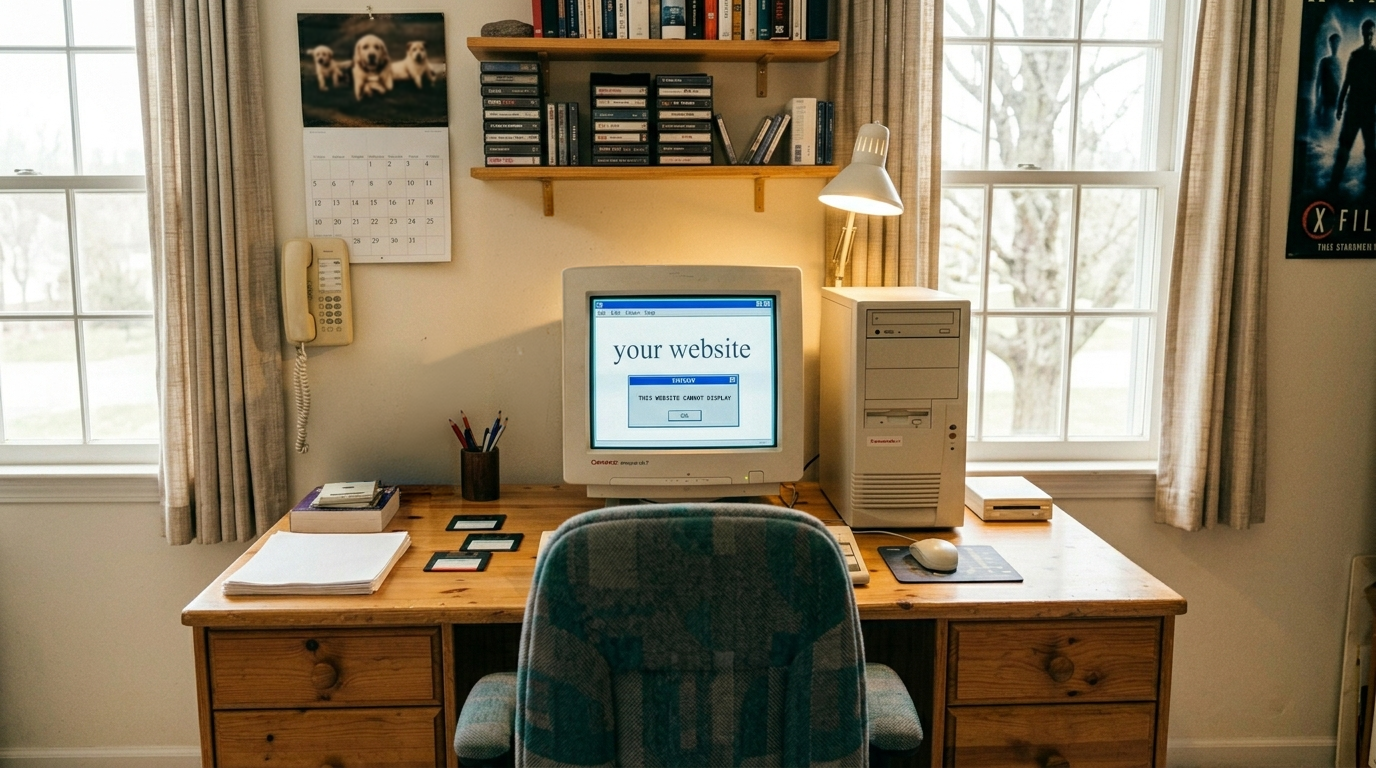 An outdated 1990s home office with a CRT monitor showing an old, cluttered website